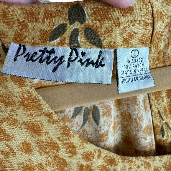 Pretty Pink Vintage Yellow Floral Short Sleeve Long Lightweight Dress Pockets L - Picture 5 of 6